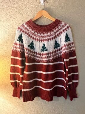 Maurices Red, White & Green Holiday Tree Crewneck Sweater